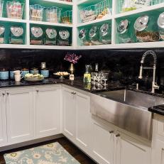 Bold Pantry With Open Shelving and Sink Area
