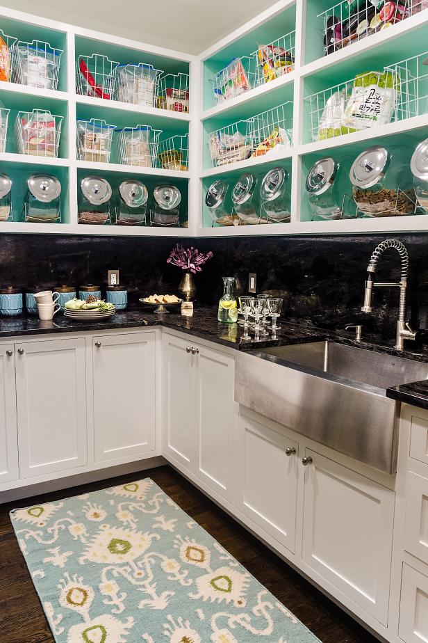 Bold Pantry With Open Shelving And Sink Area Hgtv