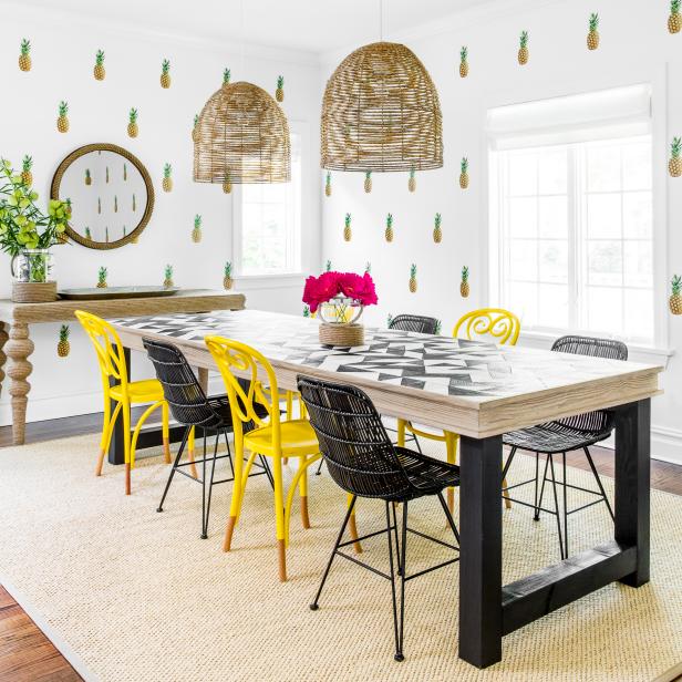 Pineapple Wallpaper Yellow And Black Chairs Make This A Dining Room For Fun Hgtv