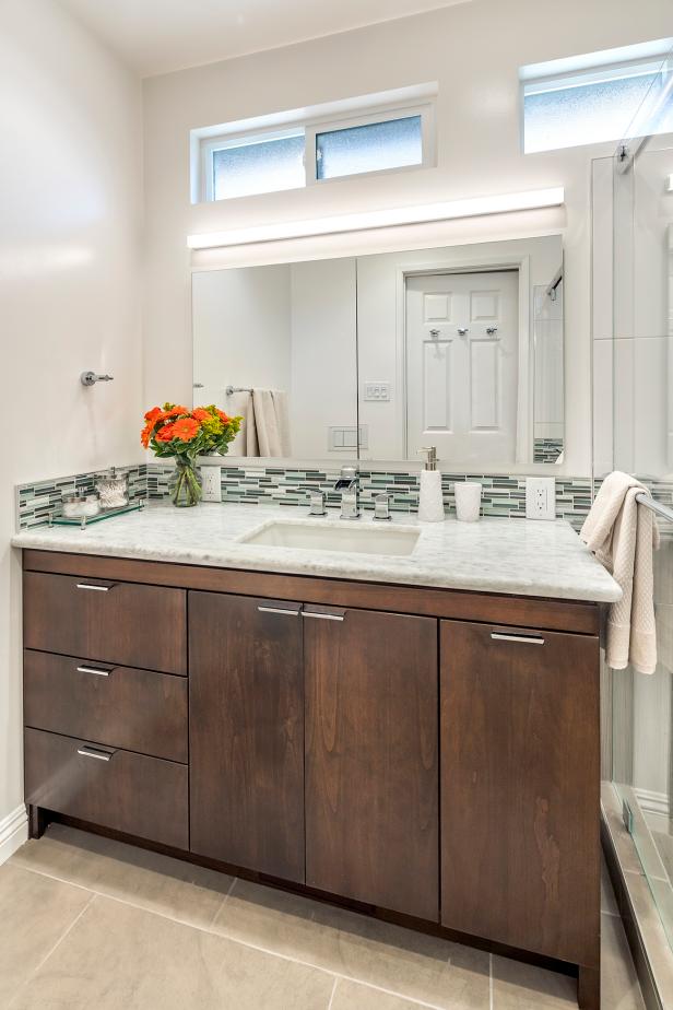 Contemporary Bathroom Vanity With Wood Cabinets, Thin Tile Backsplash