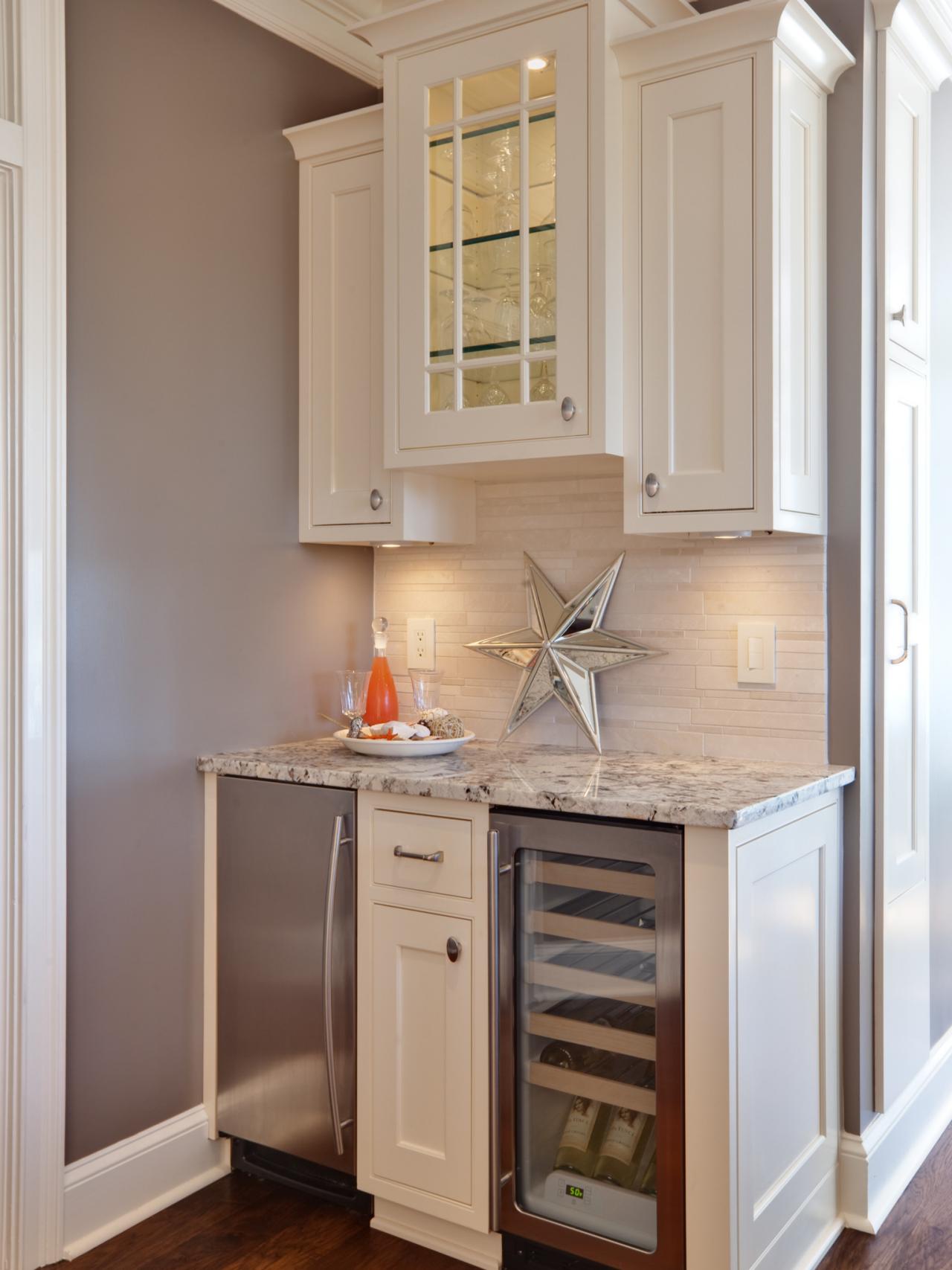 Small Bar With Wine Fridge and Custom Cabinets | HGTV