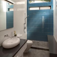 Blue Tile Accent Wall Modern Bathroom With Polished White Wall Tile, Gray Marble Floor Tile and Modern White Vessel Sink