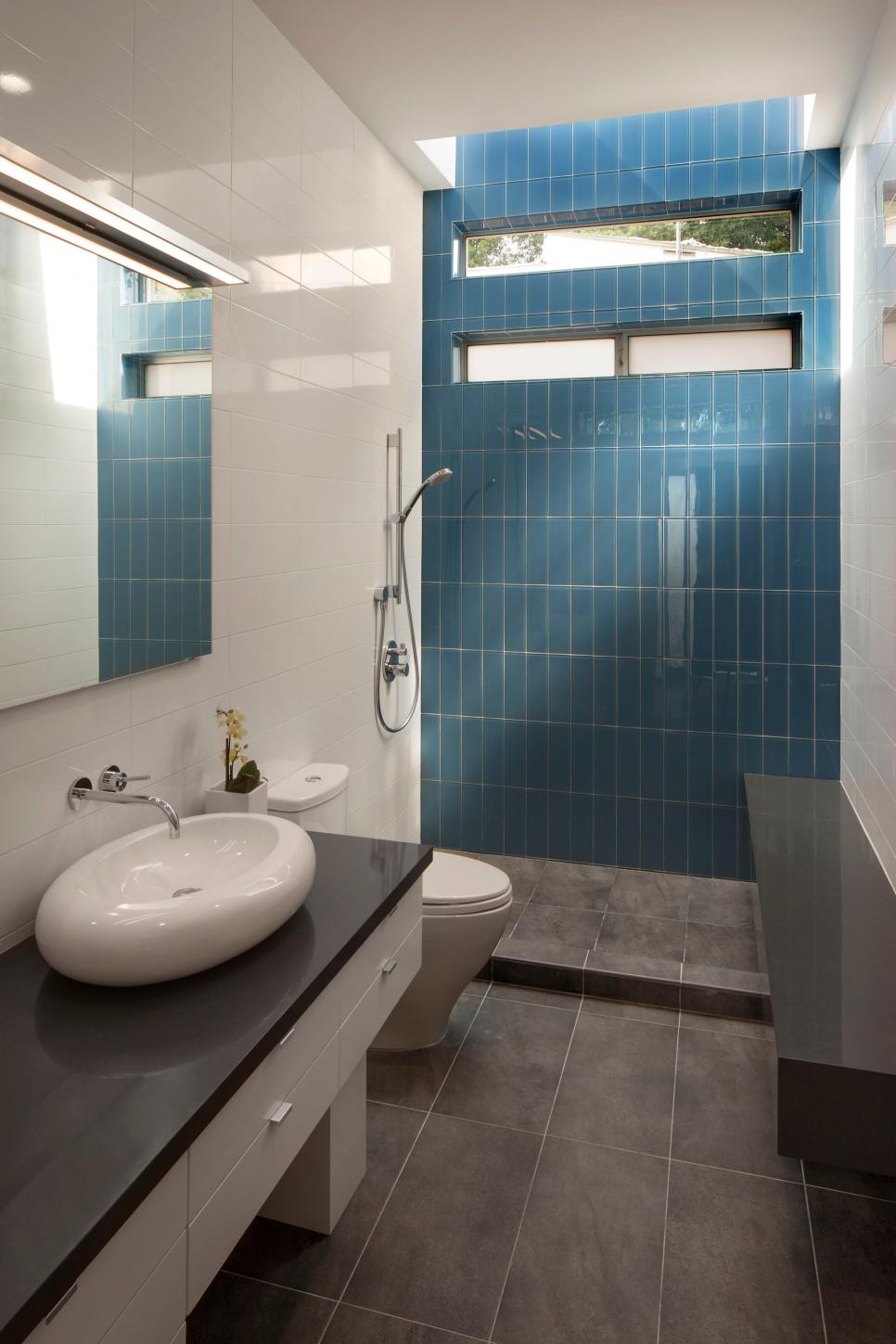 Blue Tile Accent Wall Modern Bathroom With Polished White Wall Tile Gray Marble Floor Tile And Modern White Vessel Sink Hgtv