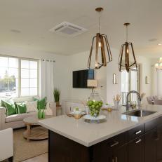 Transitional Design in Open Floor Plan Living Space With Elegant Living Room, Large Kitchen Island and Classy Dining Room 