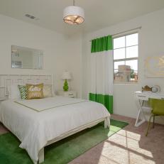 Airy, Bright Contemporary Bedroom With Bright Green Accents, Gold Details and Desk Work Space