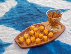 cheese cubes and pretzels sticks resembling a dreidel