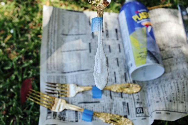 vintage flatware spray painted in white