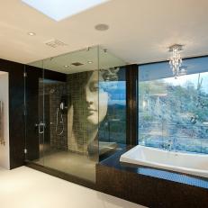 Modern Master Bath With Glass Shower and Giant Mosaic Face