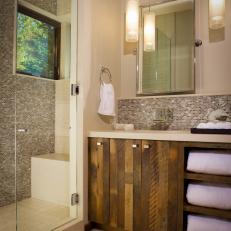 Walk-In Shower Features Beautiful Mosaic Tile Wall