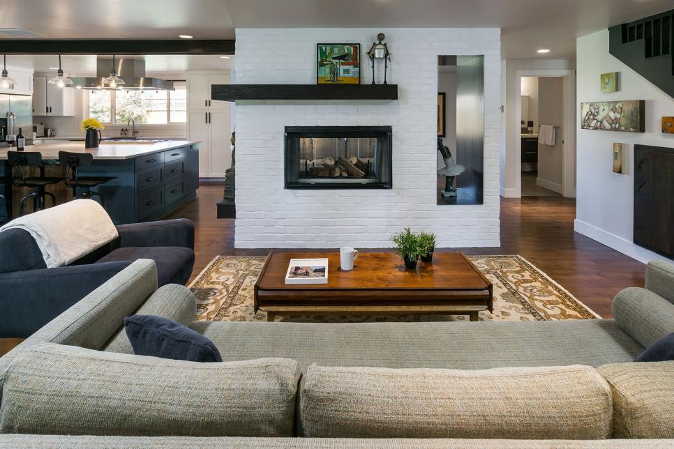 Midcentury Living Areas With Double-Sided Fireplace ...