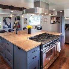 Blue Gray Kitchen Island With Elm Countertop