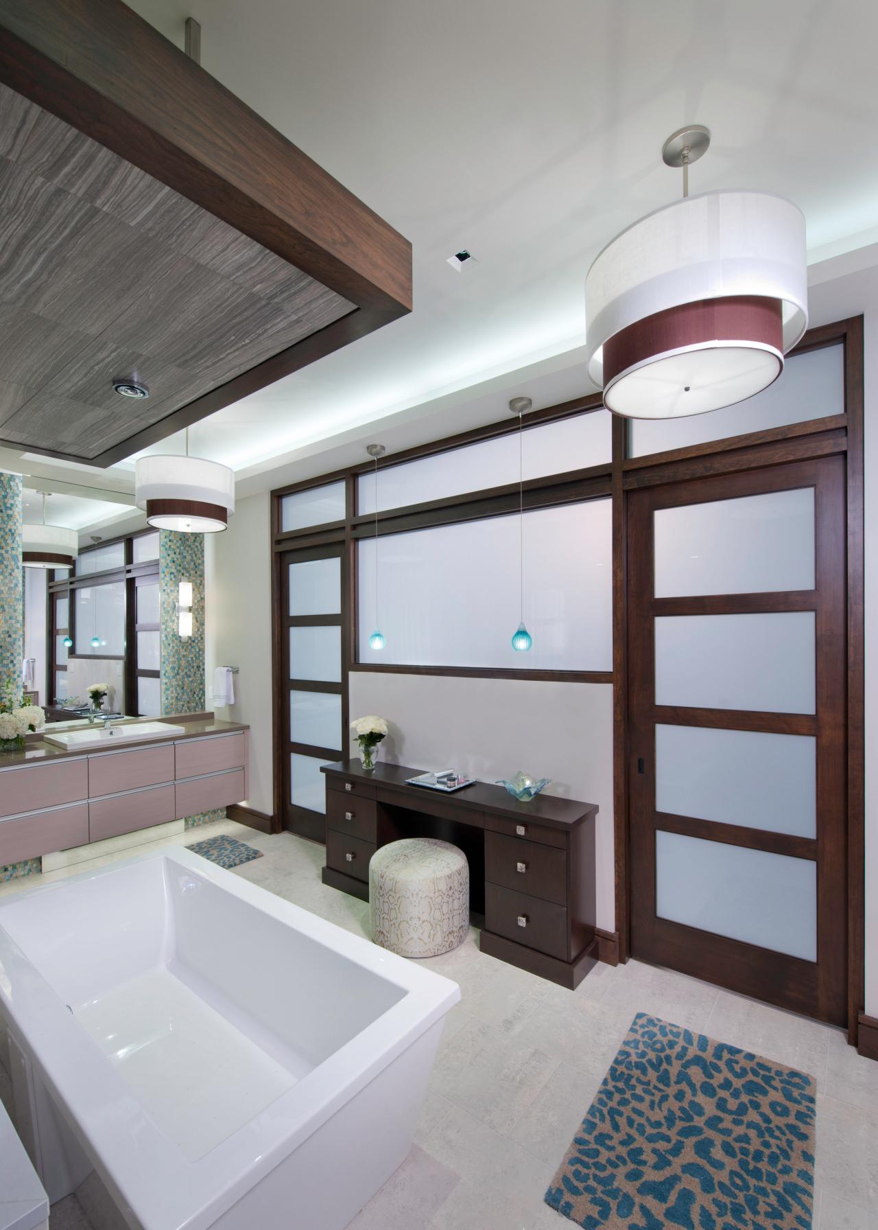 Contemporary Bathroom With Freestanding Tub And Shoji Style Pocket