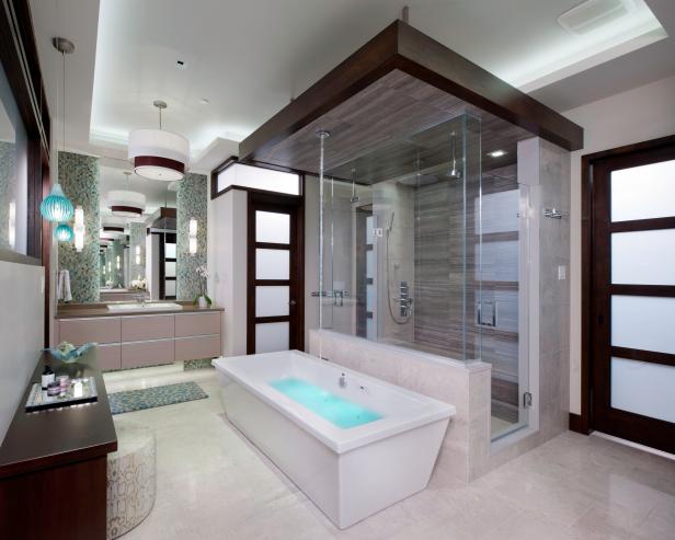 Spa Style Bathroom With Freestanding Tub And Ceiling Mounted