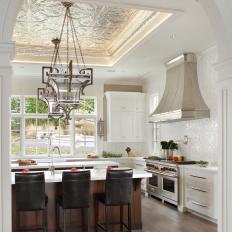 White Transitional Kitchen With Stunning Tin Tile Ceiling