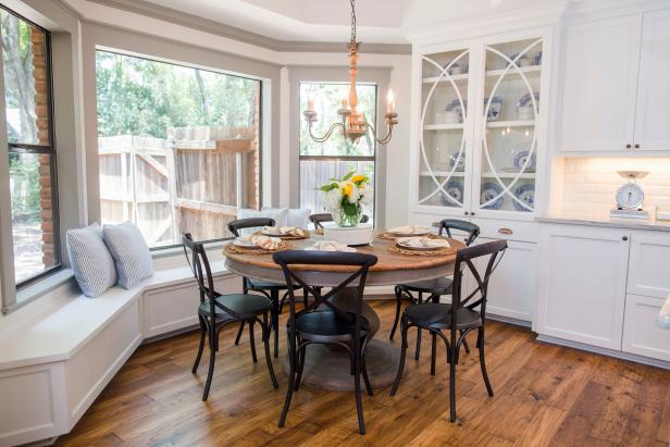 Rustic Bay Window Dining Area With Custom Benches And Cabinets Hgtv