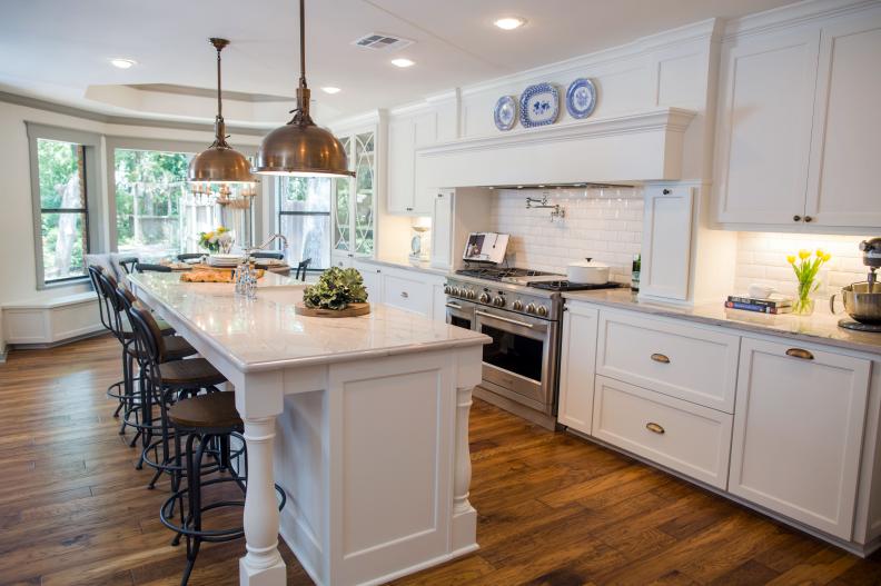 Newly Remodeled Open Plan Kitchen Brightened by Bay Windows