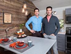 Jonathan and Drew Scott in the newly renovated Scotty's Cabin at the Bew's ranch the foothills of the Rockies, as seen on Property Brothers at Home on the Ranch.