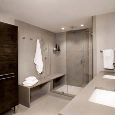 Neutral Contemporary Bathroom With Oak Storage Cabinet