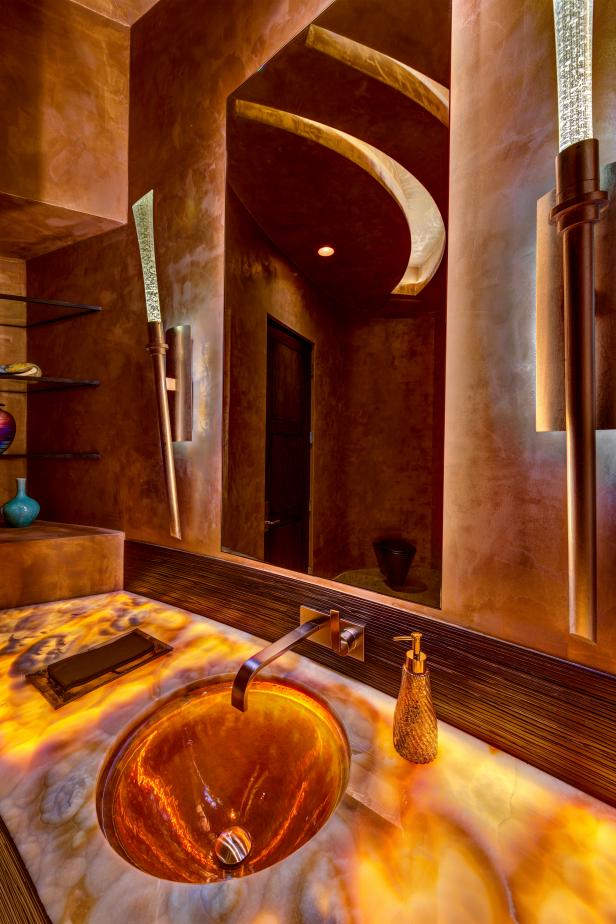 Dramatic Powder Room With Onyx Countertop and Crystal ...