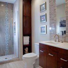 Contemporary Bathroom With Floating Vanity and Custom Storage Tower