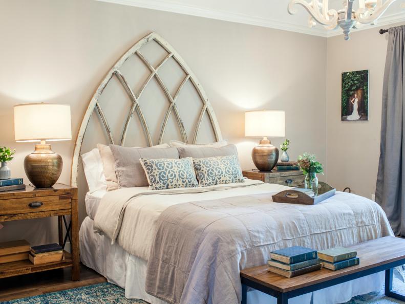 The newly remodeled bedroom in the Whyte residence, as seen on Fixer Upper.