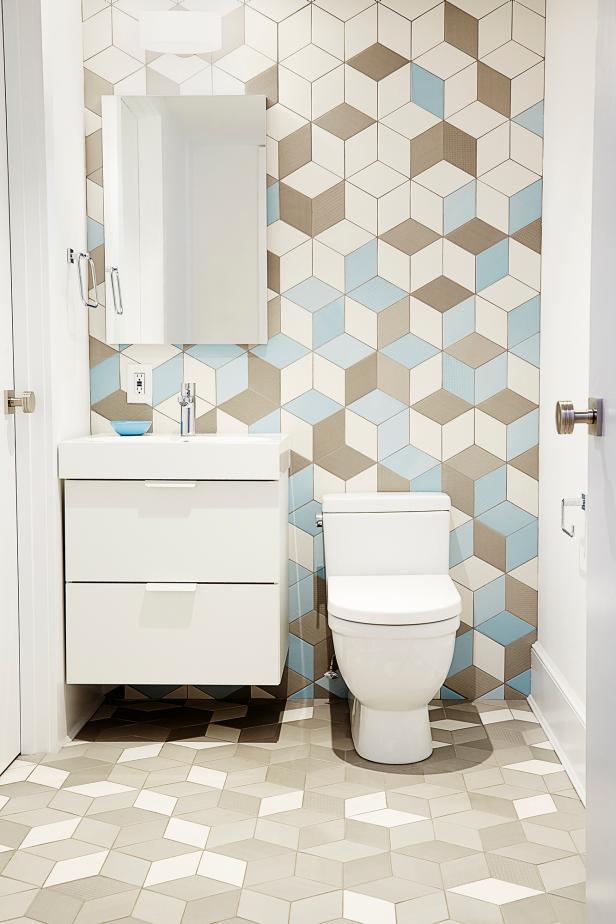 Powder Room With Geometric Tile Pattern
