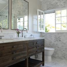Rustic Vanity in Marble Bathroom
