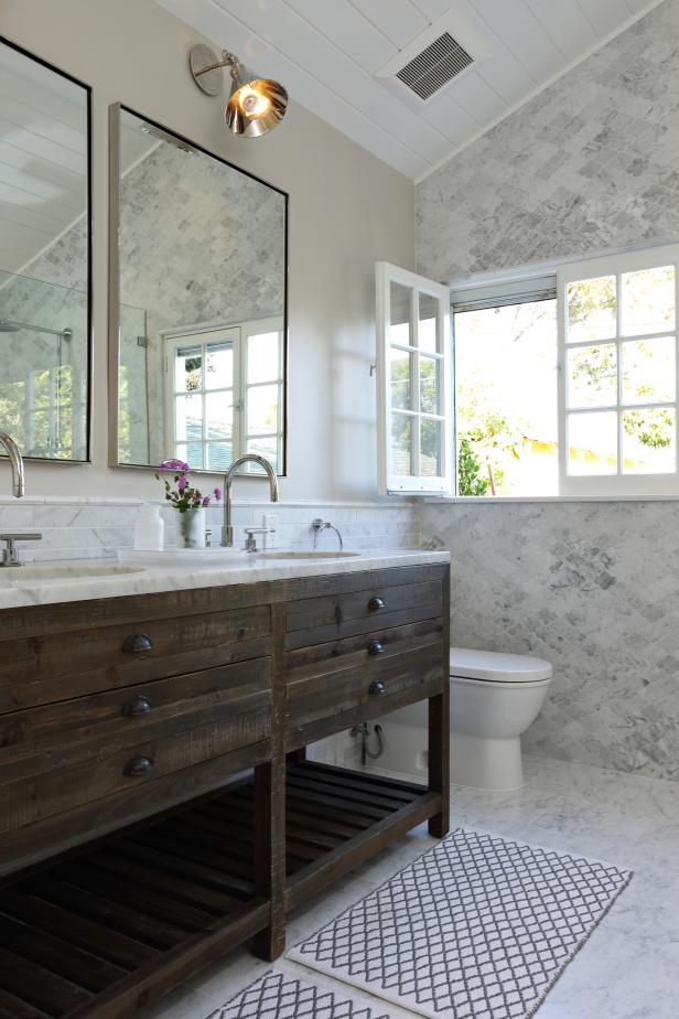 Rustic Vanity in Marble Bathroom | HGTV