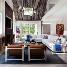 Contemporary Living Room Boasts Vaulted Wood Ceiling
