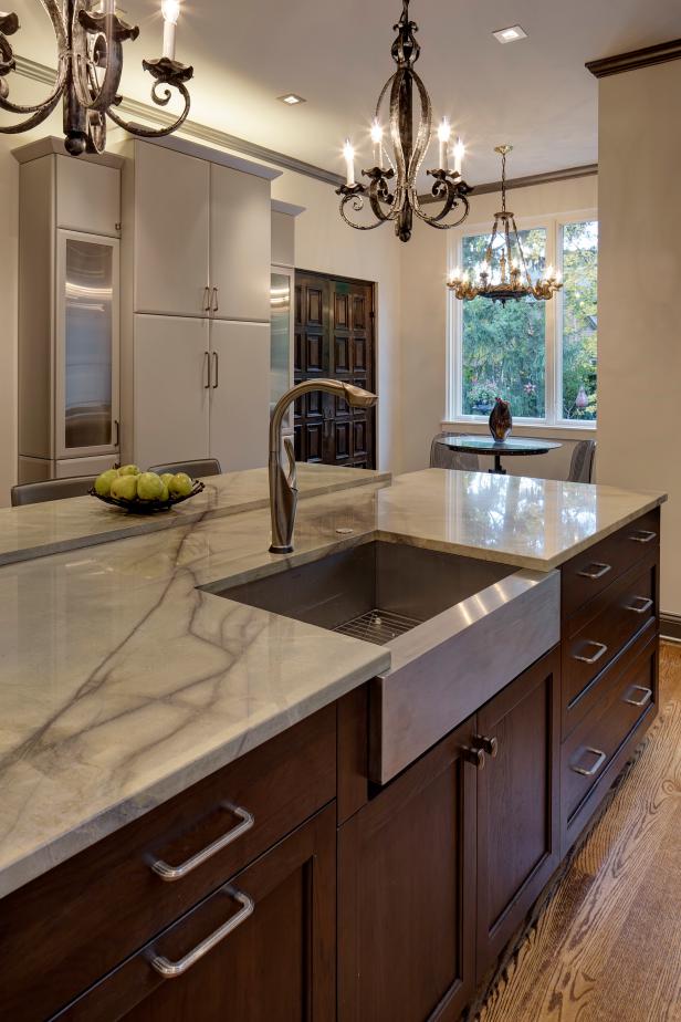 Oversized Hickory Kitchen Island With Quartz Countertop | HGTV