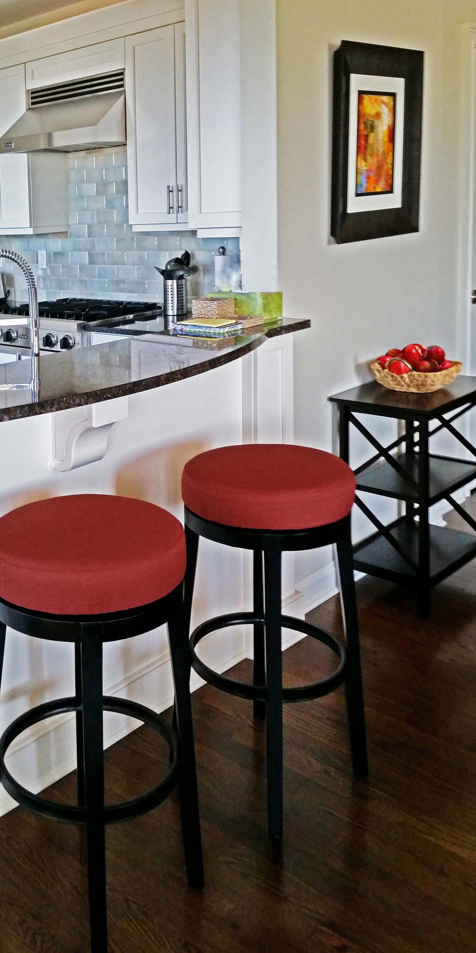 Breakfast Bar With Red and Black Stools Near Kitchen | HGTV