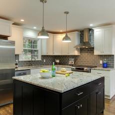 White Kitchen With Grey Subway Tile Backsplash stylish contemporary kitchen with gray subway tile backsplash black island with marble countertop and white cabinetry