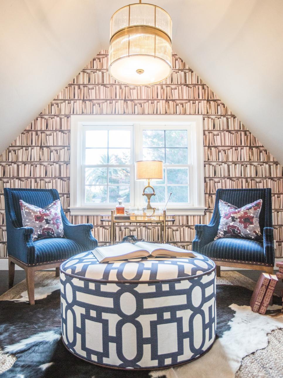 Library Inspired Eclectic Sitting Room With Bookshelf Wallpaper Accent