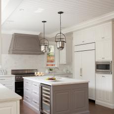 Transitional White Kitchen with Gray Island
