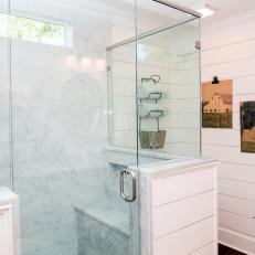 Glass Enclosed Walk-In Shower and Shiplap Walls in Master Bathroom