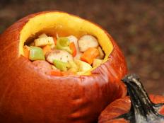 Roasted vegetables inside a pumpkin