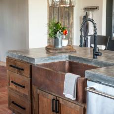 Copper Sink and Pendant Light in Rustic Kitchen