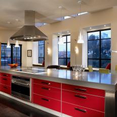 Urban Loft Kitchen With Bright Red Island