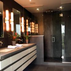 Floating Double Vanity in Contemporary Gray Bathroom