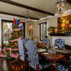 Dining Room Decorated in Red, White, Blue and Yellow Christmas Accents