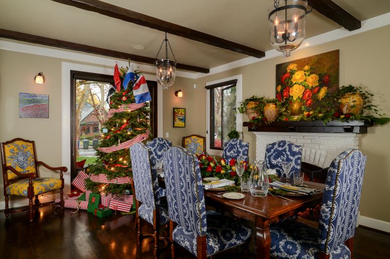 Dining Room With Red, White, Blue and Yellow Christmas Decor