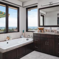White, Contemporary Master Bathroom with a View