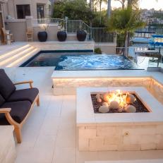 Contemporary Patio with Fire Pit, Infinity Pool
