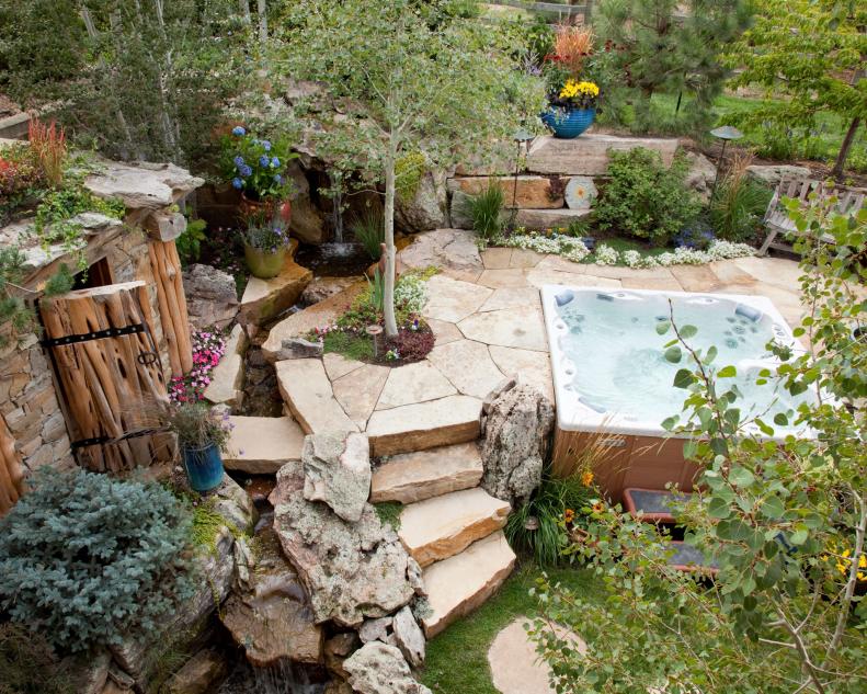 Rustic Backyard with Hot Tub