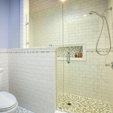 Blue Bathroom with Subway Tile Shower