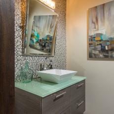 Contemporary Powder Room with Mosaic Accent Wall