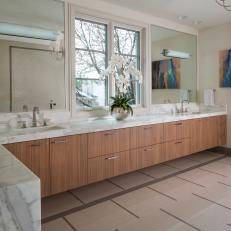 Contemporary Bathroom Features Sleek Double Vanity