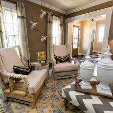 Transitional Great Room Features Ceramic Deer Busts