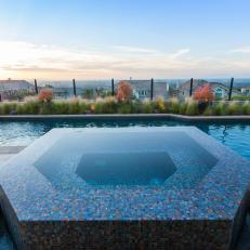 Gorgeous Modern Colorful Tile Hot Tub Design With Overflow Water Connecting to the Swimming Pool 