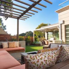 Built-In Backyard Seating with Pergola, Fire Pit